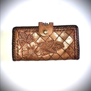 Hand tooled natural leather wallet Made in USA